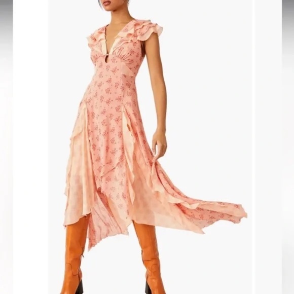NWT Free People Joaquin Peach Combo Floral Ruffle Dress in Large - Picture 1 of 11